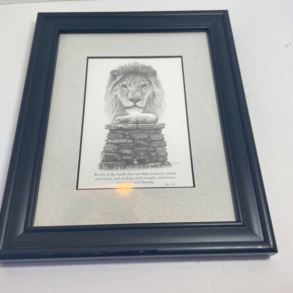 Lion & Lamb Framed Religious Artwork By Sue Christmas 1992 Rev 5:12 Bible Verse - Picture 2 of 11